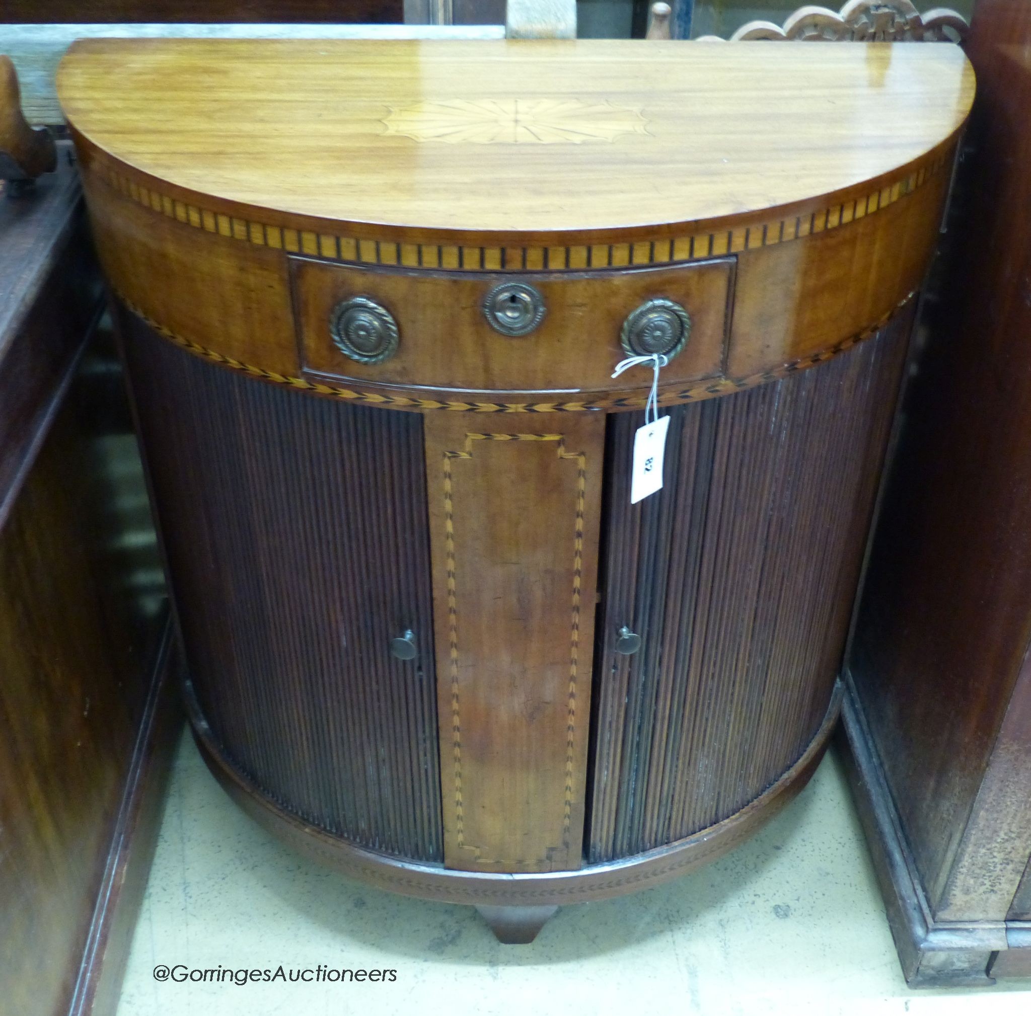 A Dutch inlaid mahogany D shaped tambour side cabinet, width 86cm, depth 43cm, height 89cm